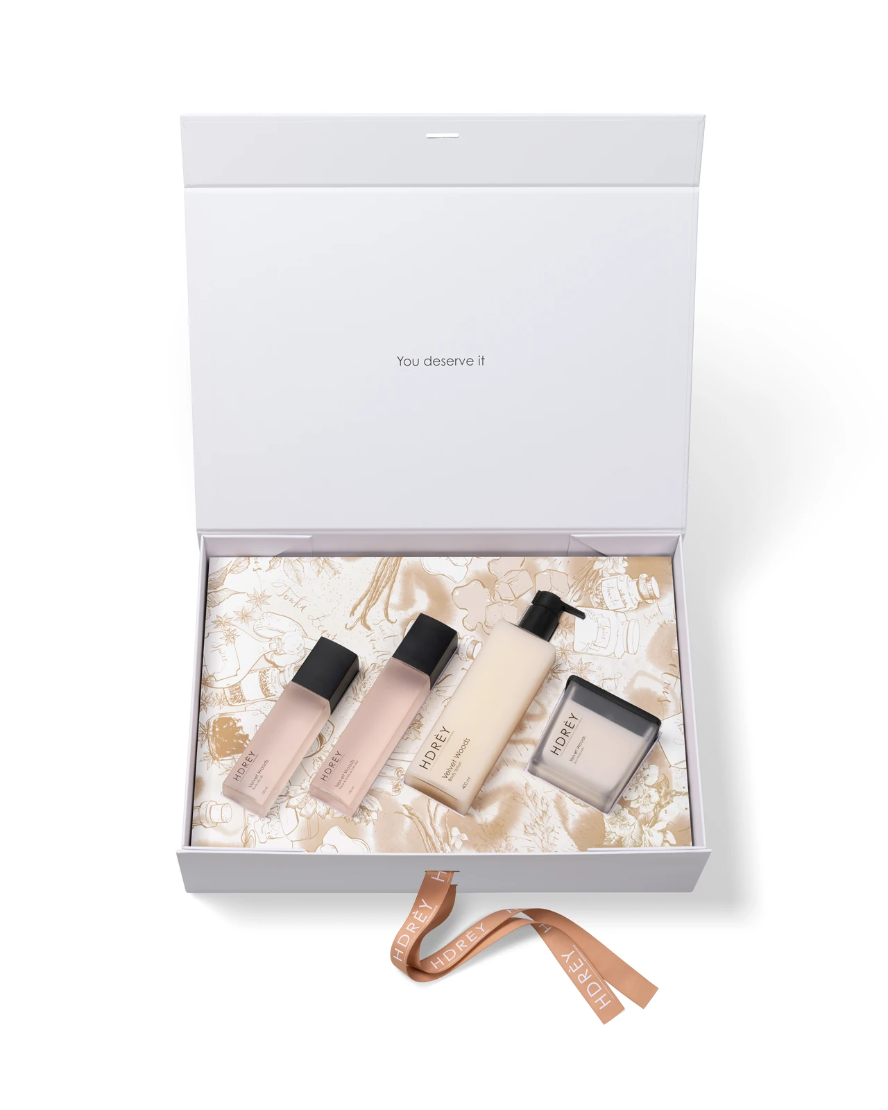 Zestaw do pielęgnacji ciała Velvet Woods L – Balsam, olejek, mgiełka i świeca